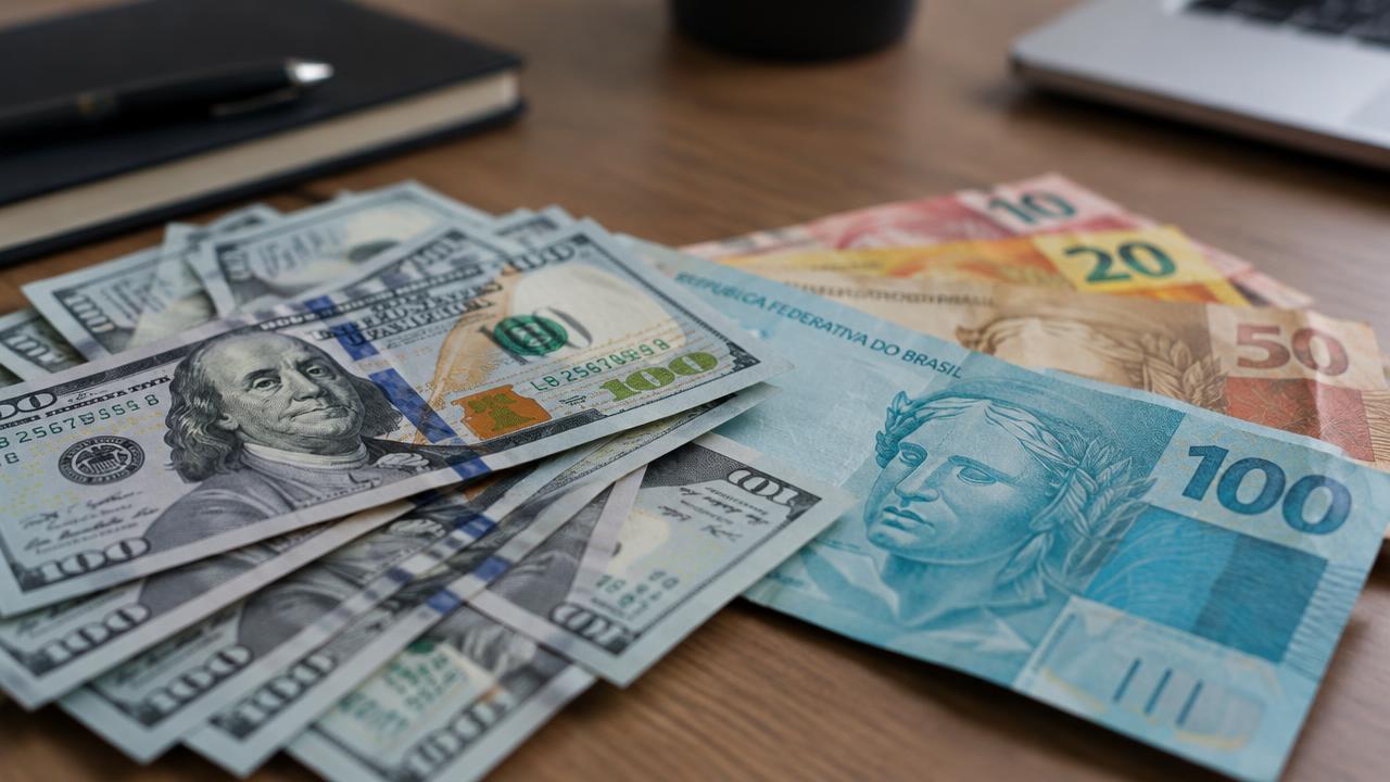 Imagem ilustrativa: notas de dólar e real, ou painel de cotações