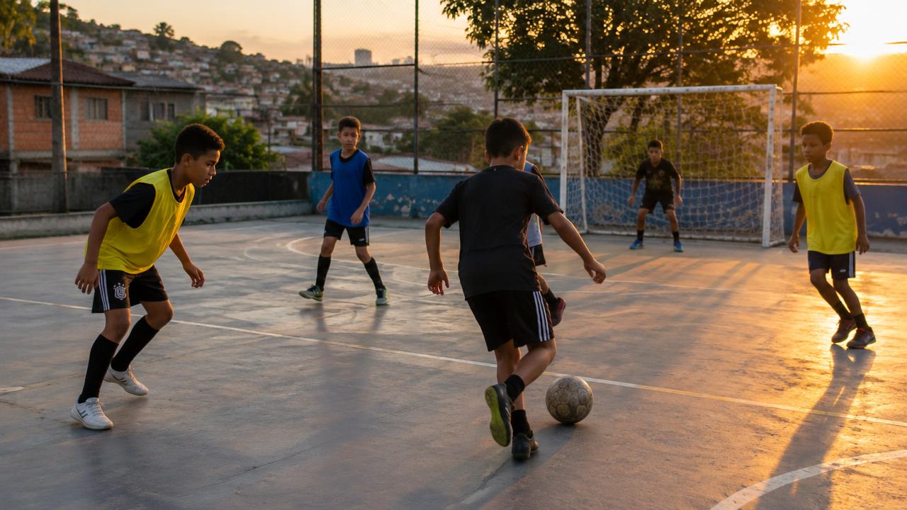 Crianças jogam futsal em quadra pública, imagem ilustrativa.