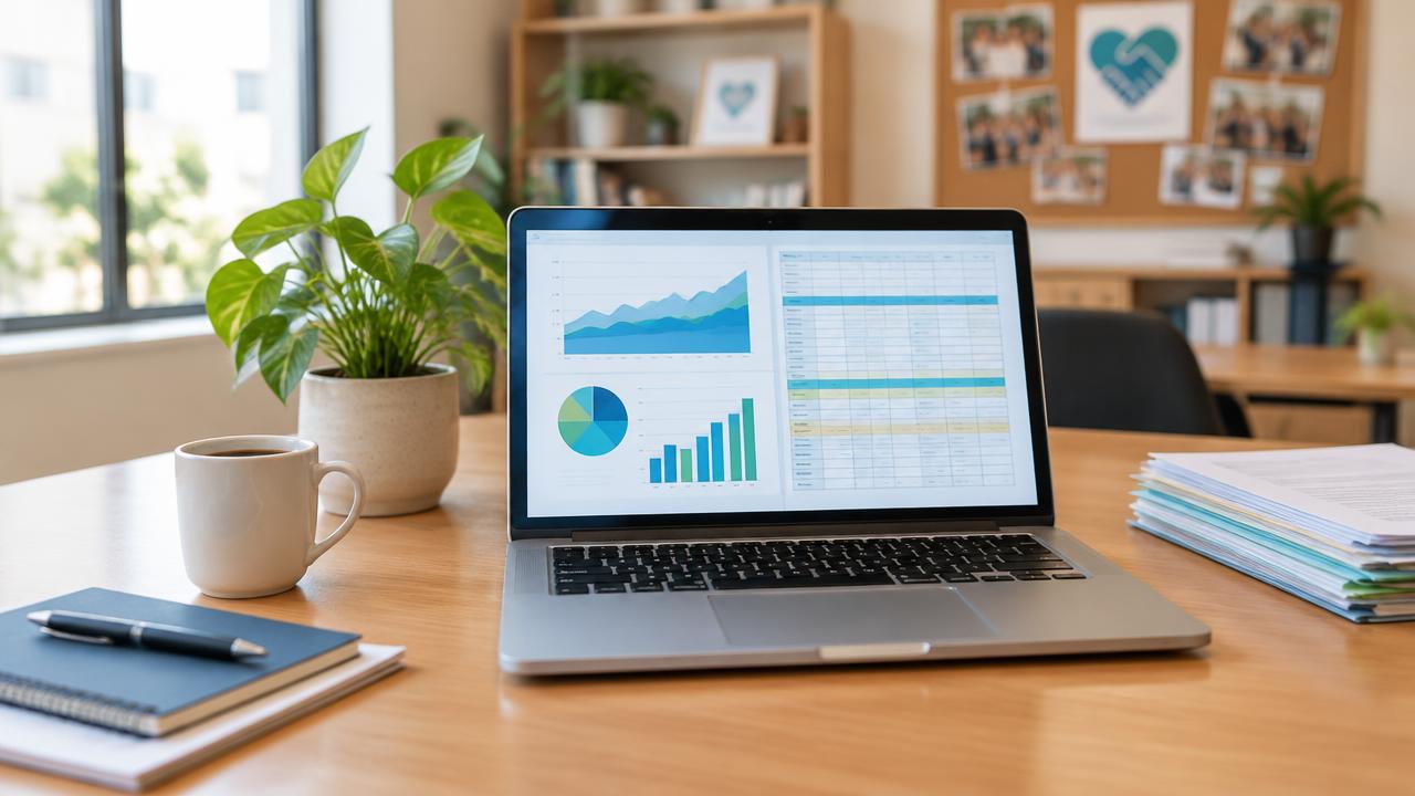Painel financeiro em notebook de organização social, imagem ilustrativa.
